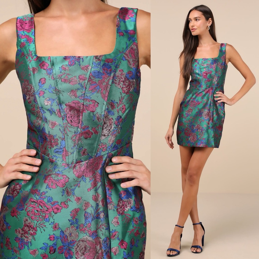 Lulus Compelling Drama Green Floral Jacquard Lurex Bustier Mini Dress Medium New - Picture 5 of 15